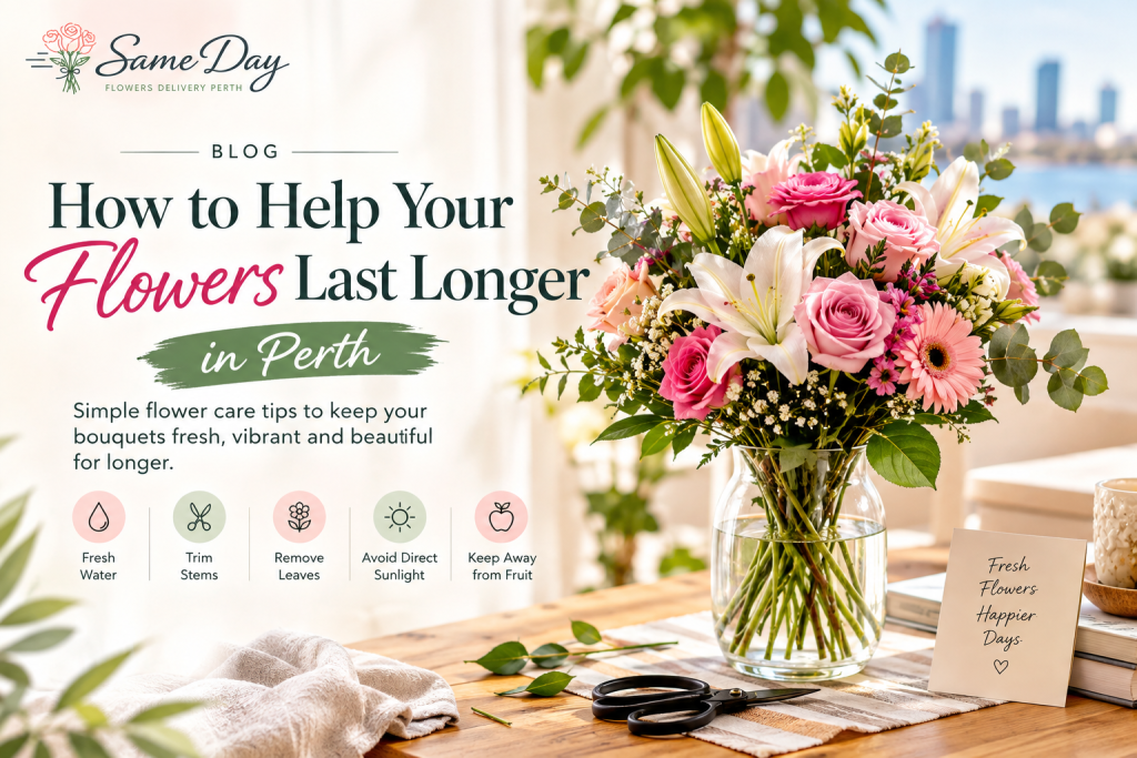 Fresh flower bouquet in Perth with simple tips to help flowers last longer in a vase.